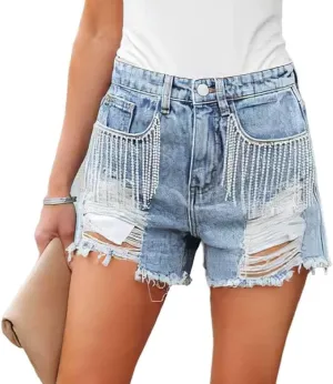Womens Summer Rhinestone Tassel Jean Denim Shorts Ripped Tassel High Waist Jean Shorts