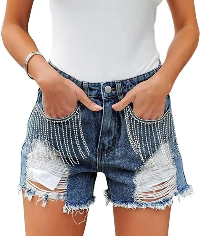 Womens Summer Rhinestone Tassel Jean Denim Shorts Ripped Tassel High Waist Jean Shorts