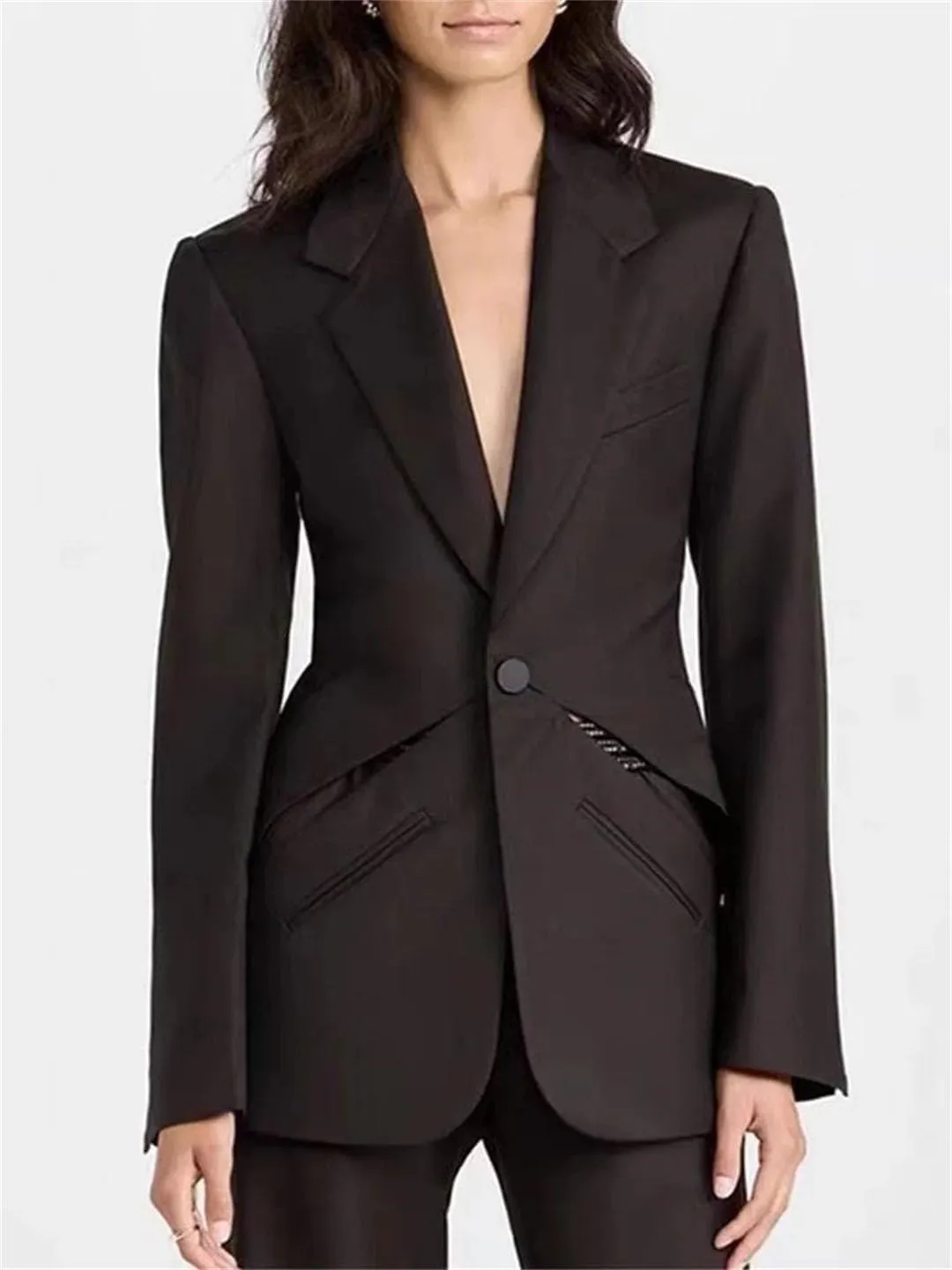 Women's Temperament Sense Hollow Waist Suit Lapel Long Sleeve Solid Color Blazers