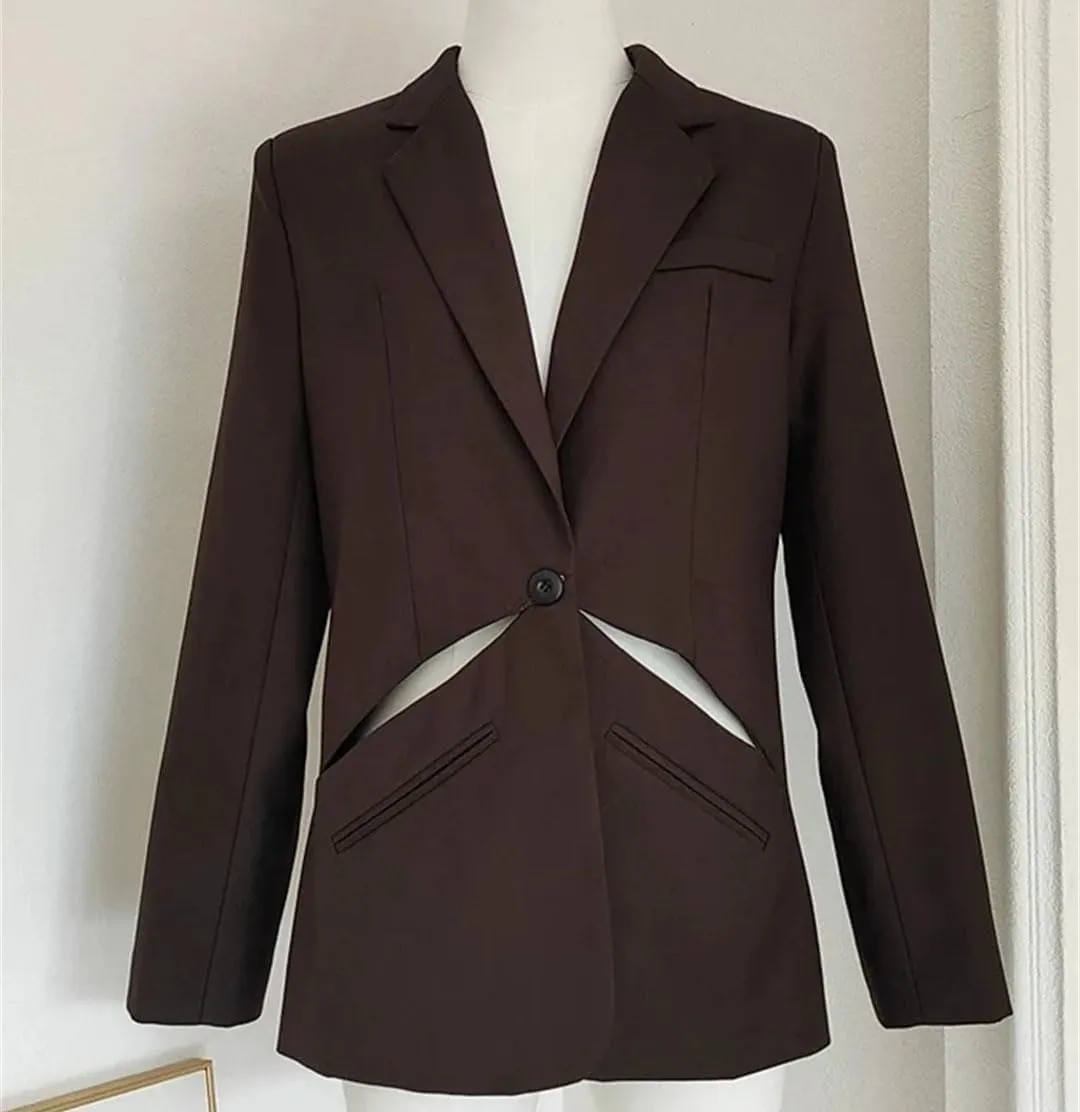 Women's Temperament Sense Hollow Waist Suit Lapel Long Sleeve Solid Color Blazers