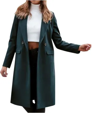 Womens Trench Coat Mid Length Notched Lapel Collar Double Breasted Pea Coat Wool Blend Winter Over Coats Jackets