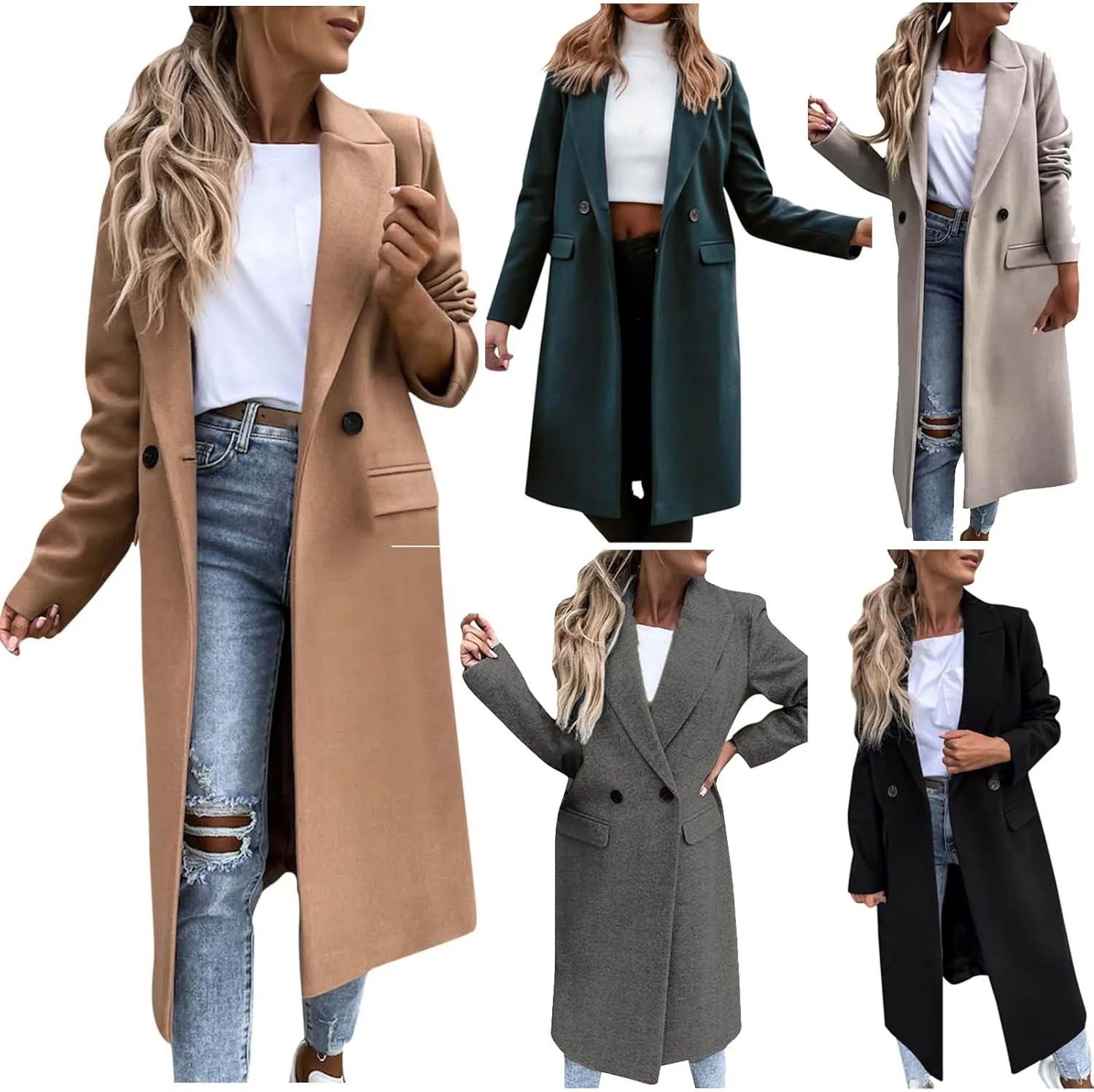 Womens Trench Coat Mid Length Notched Lapel Collar Double Breasted Pea Coat Wool Blend Winter Over Coats Jackets