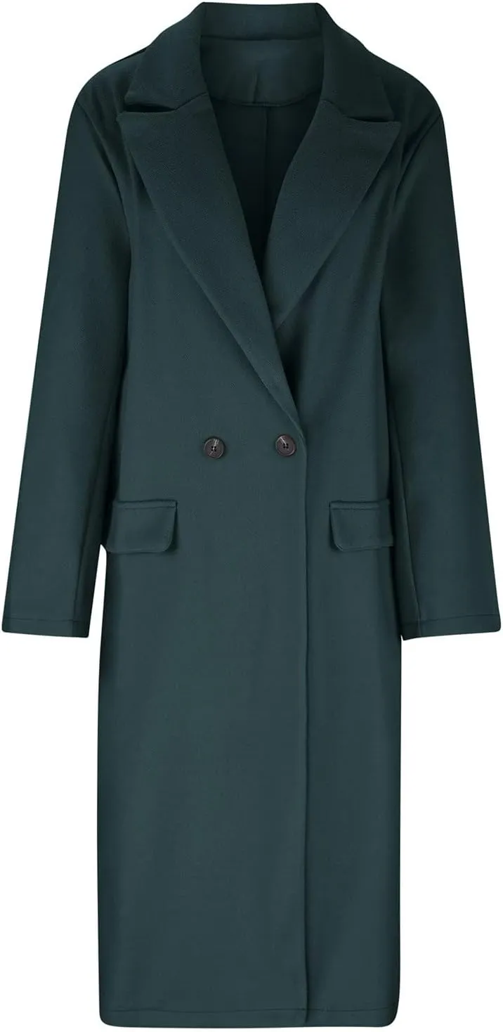 Womens Trench Coat Mid Length Notched Lapel Collar Double Breasted Pea Coat Wool Blend Winter Over Coats Jackets