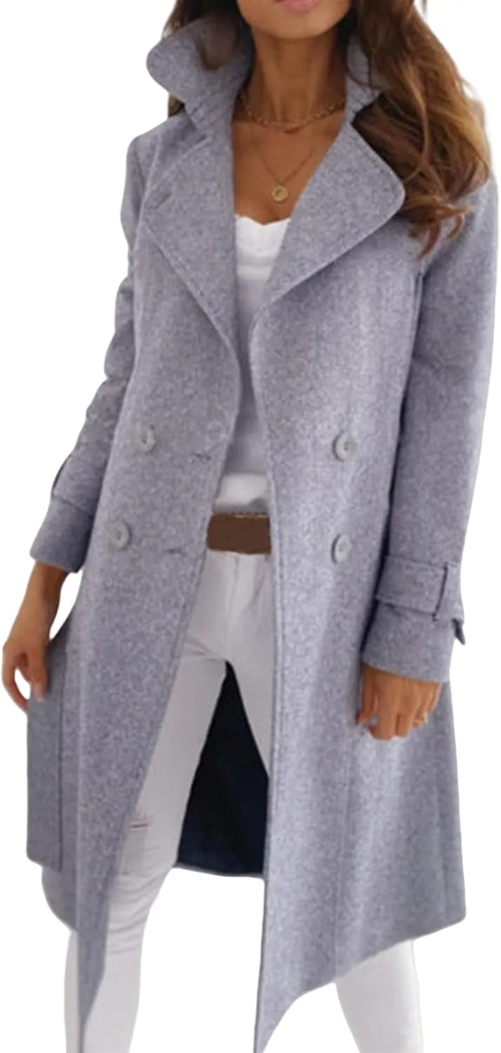Womens Trench Coat Wool Blend Jacket Notch Lapel Long Jacket Double Breasted Pea Coat Casual Long Sleeve Overcoat