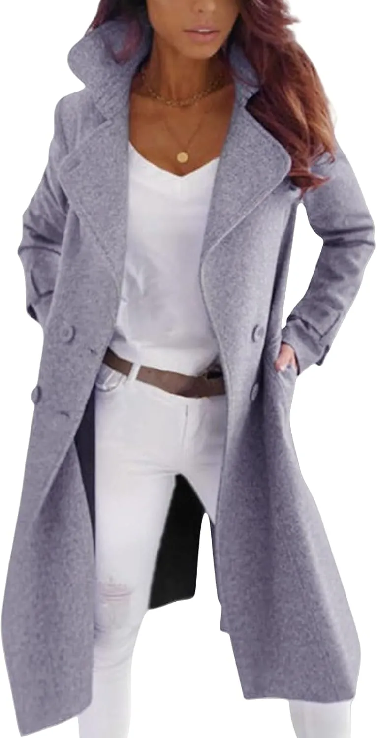 Womens Trench Coat Wool Blend Jacket Notch Lapel Long Jacket Double Breasted Pea Coat Casual Long Sleeve Overcoat