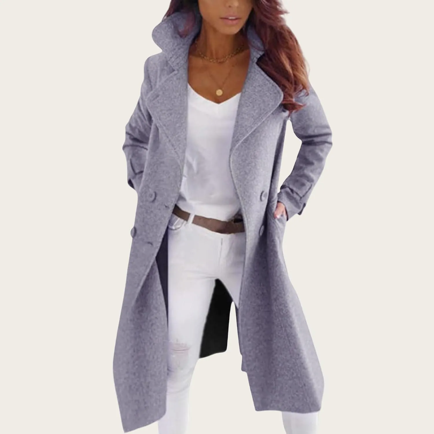 Womens Trench Coat Wool Blend Jacket Notch Lapel Long Jacket Double Breasted Pea Coat Casual Long Sleeve Overcoat
