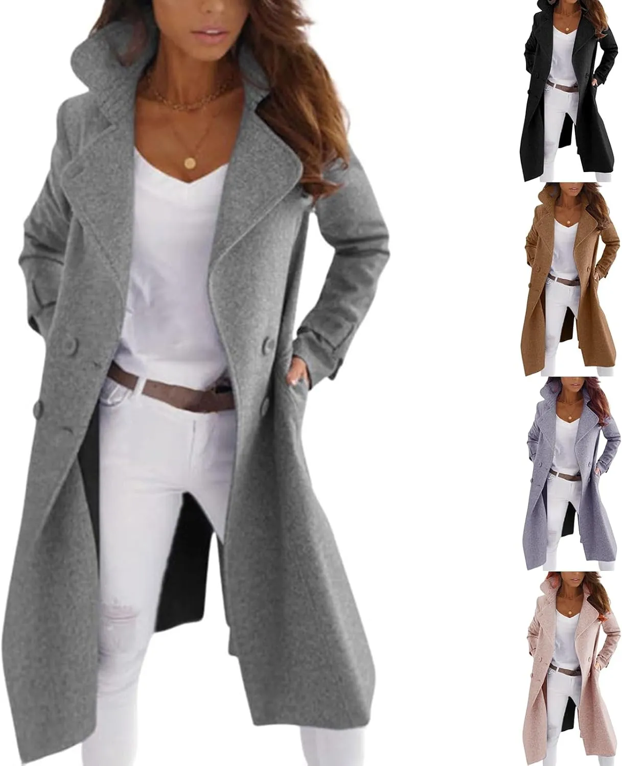 Womens Trench Coat Wool Blend Jacket Notch Lapel Long Jacket Double Breasted Pea Coat Casual Long Sleeve Overcoat