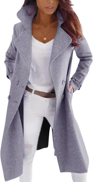 Womens Trench Coat Wool Blend Jacket Notch Lapel Long Jacket Double Breasted Pea Coat Casual Long Sleeve Overcoat
