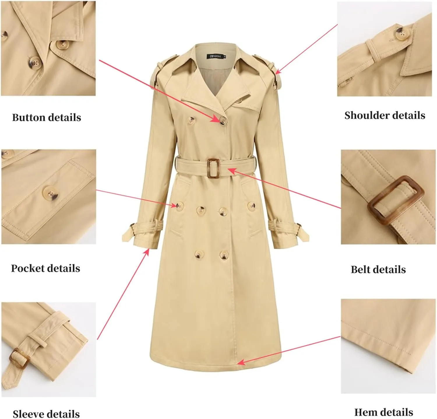 Women's Trench Coats Double Breasted Overcoat Belted Outerwear Jacket