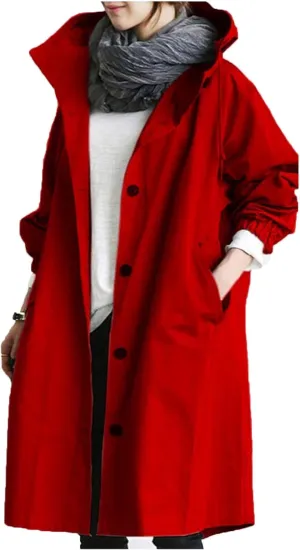 Womens Trench Coats with Hood Oversize Long Single-Breasted Windbreaker Plus Size Lightweight Elegant PeaCoat Overcoat