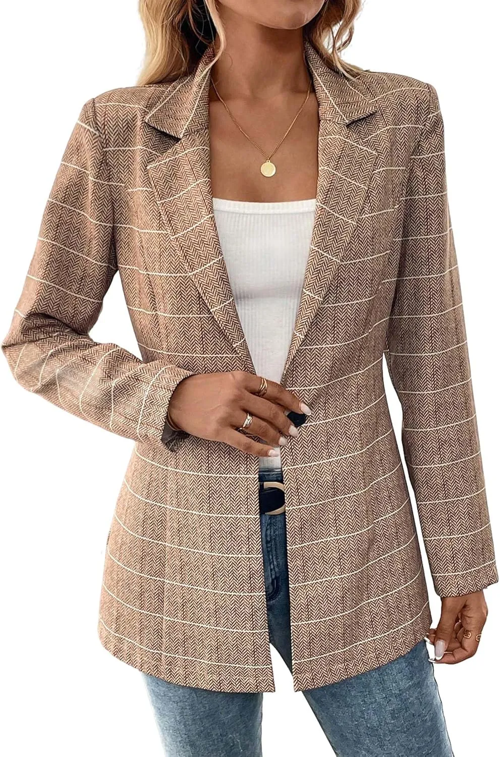 Womens Tweed Herringbone Jacket 2025 Long Fall Winter Warm Slim Fitted Elegant Casual Work Office Blazer