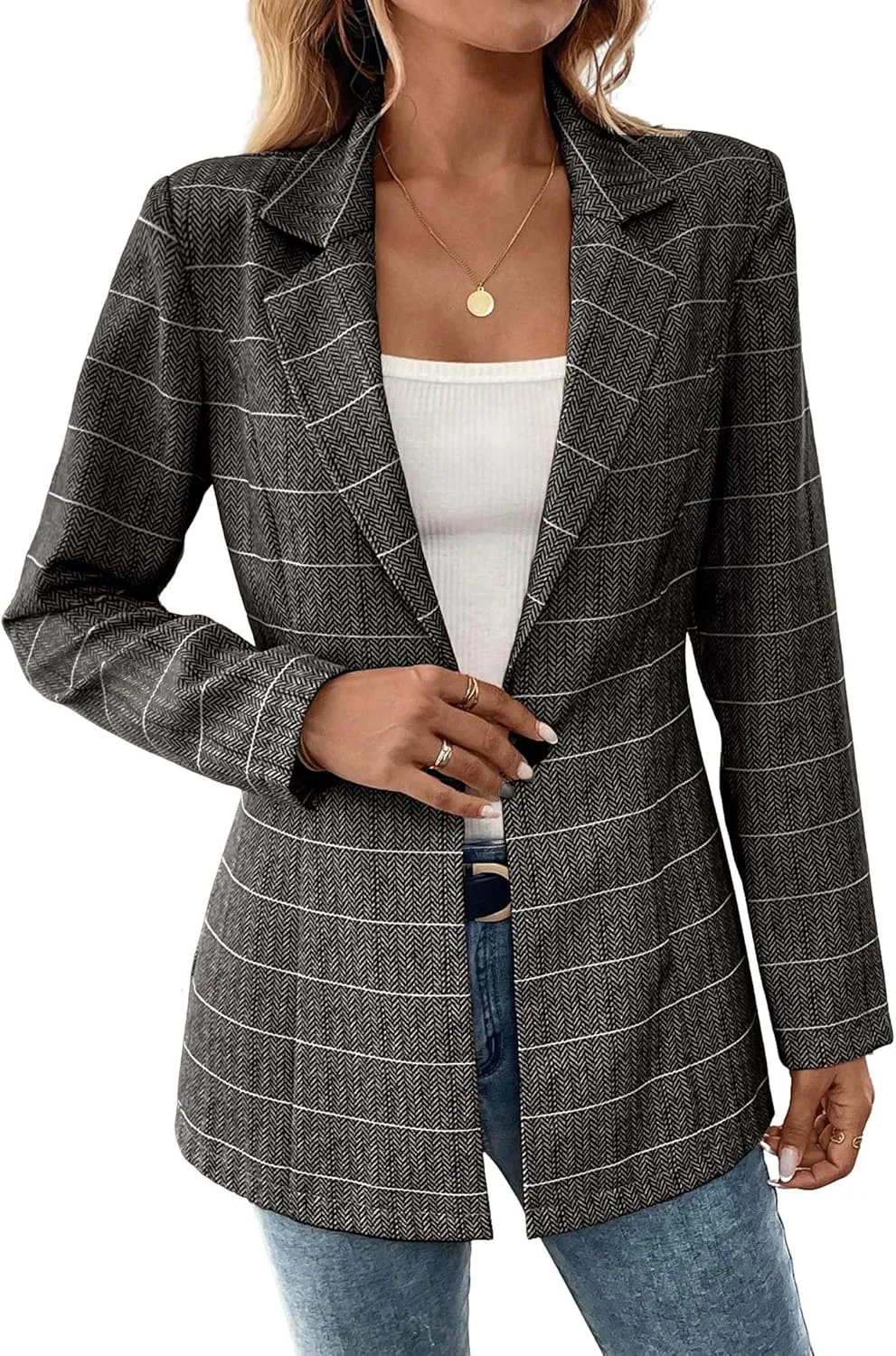 Womens Tweed Herringbone Jacket 2025 Long Fall Winter Warm Slim Fitted Elegant Casual Work Office Blazer