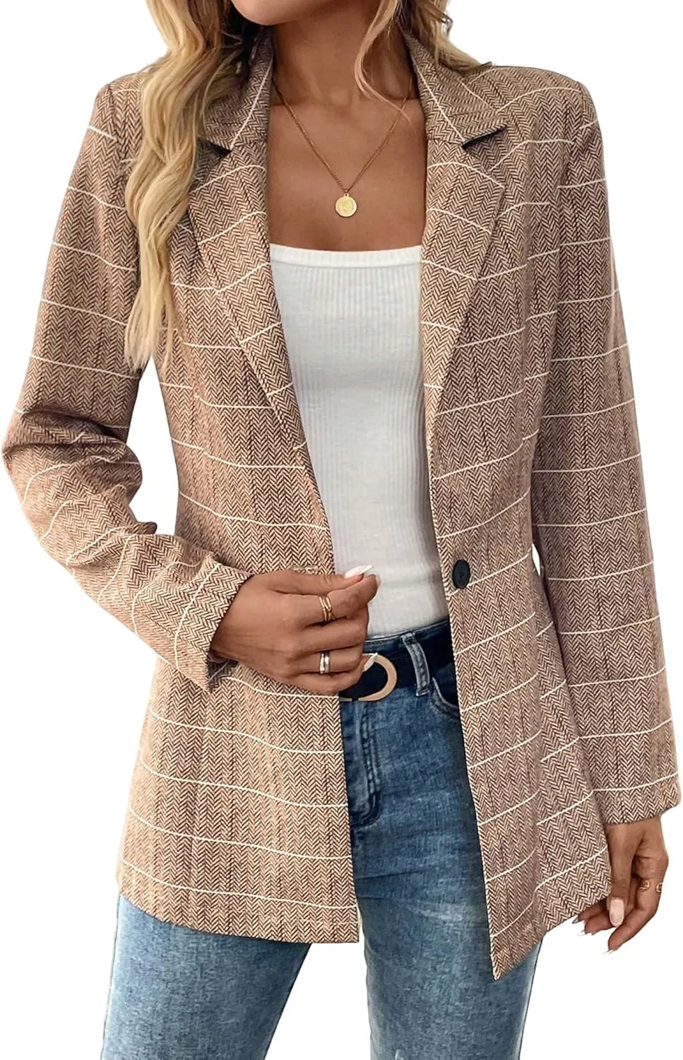 Womens Tweed Herringbone Jacket 2025 Long Fall Winter Warm Slim Fitted Elegant Casual Work Office Blazer