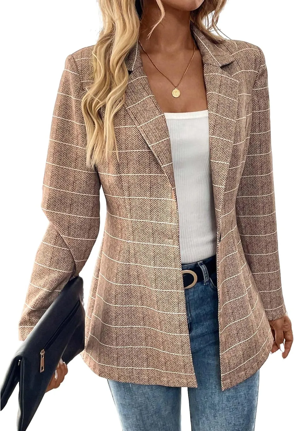 Womens Tweed Herringbone Jacket 2025 Long Fall Winter Warm Slim Fitted Elegant Casual Work Office Blazer