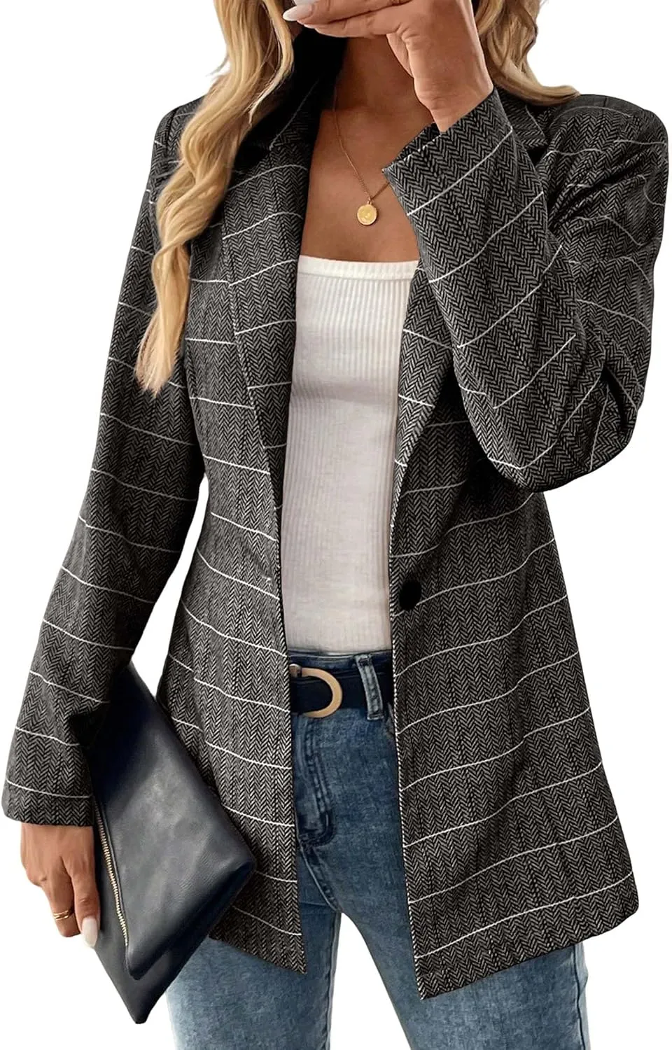 Womens Tweed Herringbone Jacket 2025 Long Fall Winter Warm Slim Fitted Elegant Casual Work Office Blazer