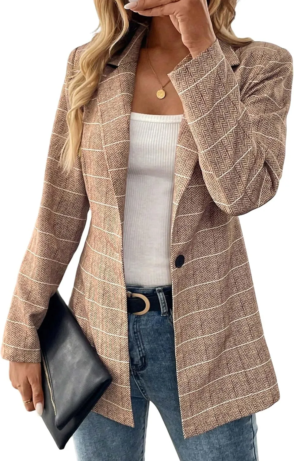 Womens Tweed Herringbone Jacket 2025 Long Fall Winter Warm Slim Fitted Elegant Casual Work Office Blazer
