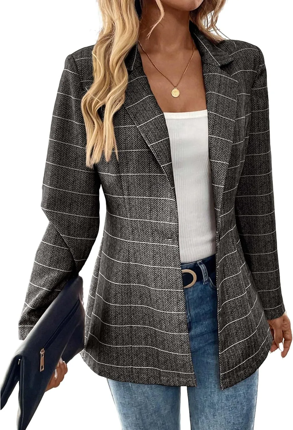 Womens Tweed Herringbone Jacket 2025 Long Fall Winter Warm Slim Fitted Elegant Casual Work Office Blazer