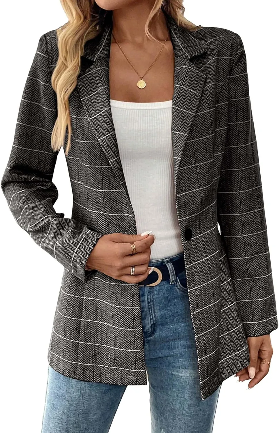 Womens Tweed Herringbone Jacket 2025 Long Fall Winter Warm Slim Fitted Elegant Casual Work Office Blazer