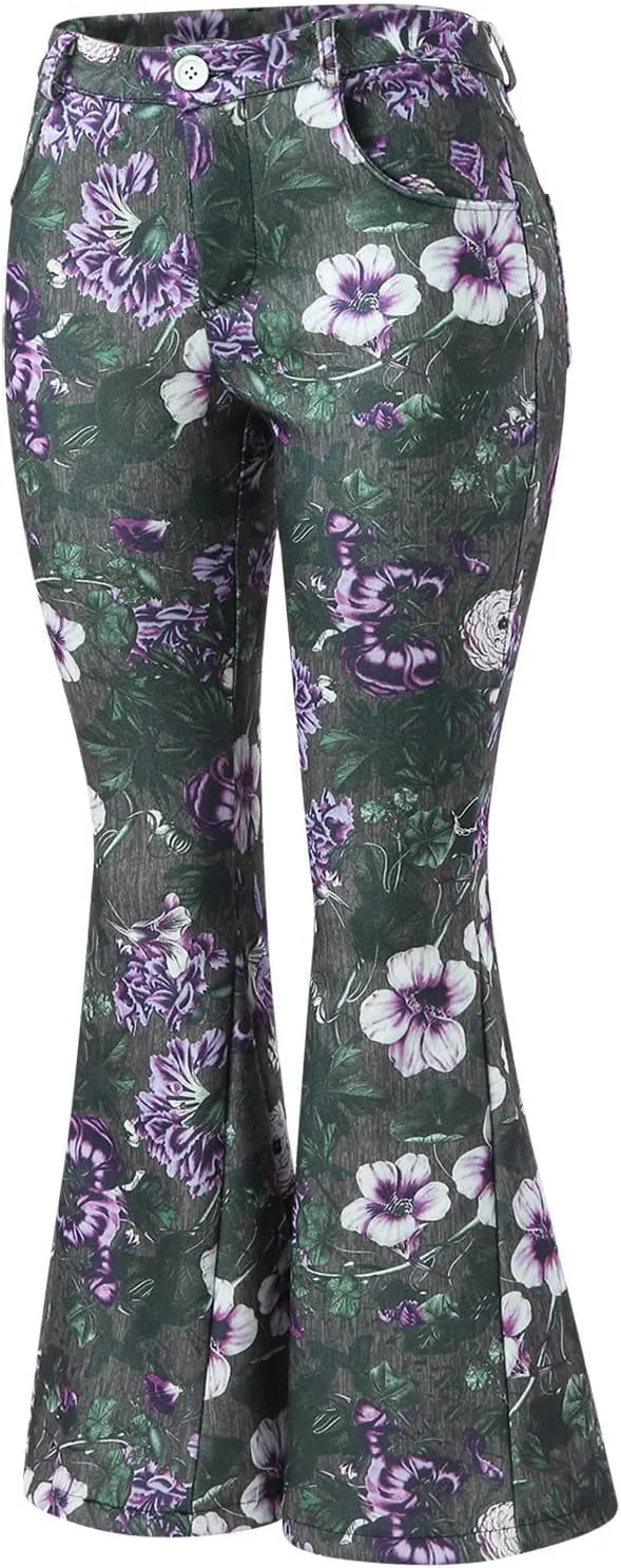 Womens Vintage Floral Print Flare Denim Pants Bell Bottom Jeans Curvy Slim Fit Butt Lifting Denim Skinny Jeans