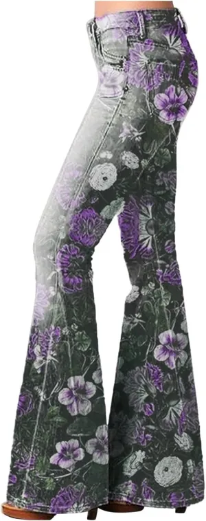 Womens Vintage Floral Print Flare Denim Pants Bell Bottom Jeans Curvy Slim Fit Butt Lifting Denim Skinny Jeans