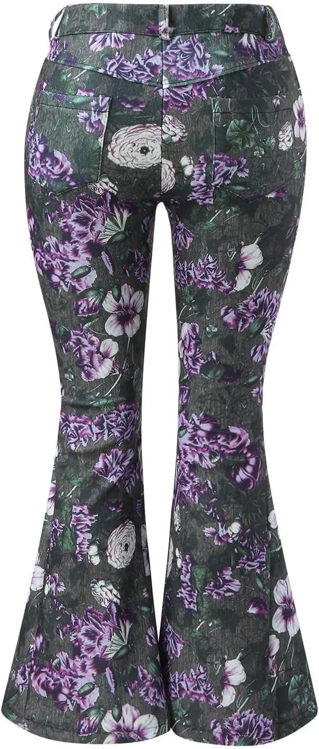 Womens Vintage Floral Print Flare Denim Pants Bell Bottom Jeans Curvy Slim Fit Butt Lifting Denim Skinny Jeans