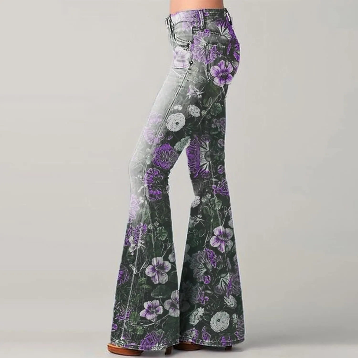 Womens Vintage Floral Print Flare Denim Pants Bell Bottom Jeans Curvy Slim Fit Butt Lifting Denim Skinny Jeans