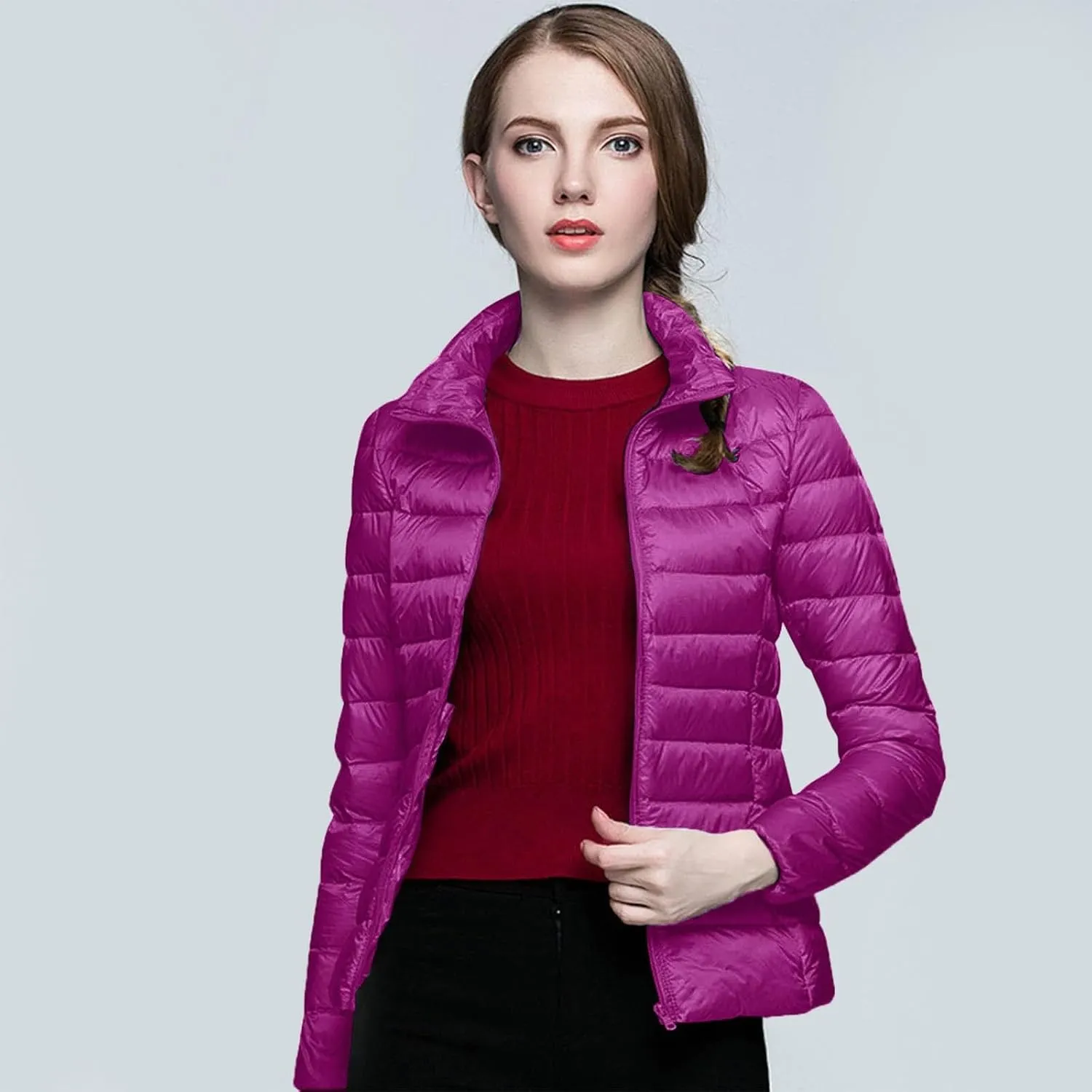Womens Warm Lightweight Windproof Winter Puffer Coat Hoodless Zip Up Quilted Down Coat Slim Insulated Outdoor Overcoat