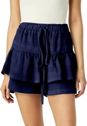 Womens Wide Leg Shorts Elastic High Waisted Pleated Ruffle Mini Skirts Adjustable Drawstring Flowy Shorts Skorts