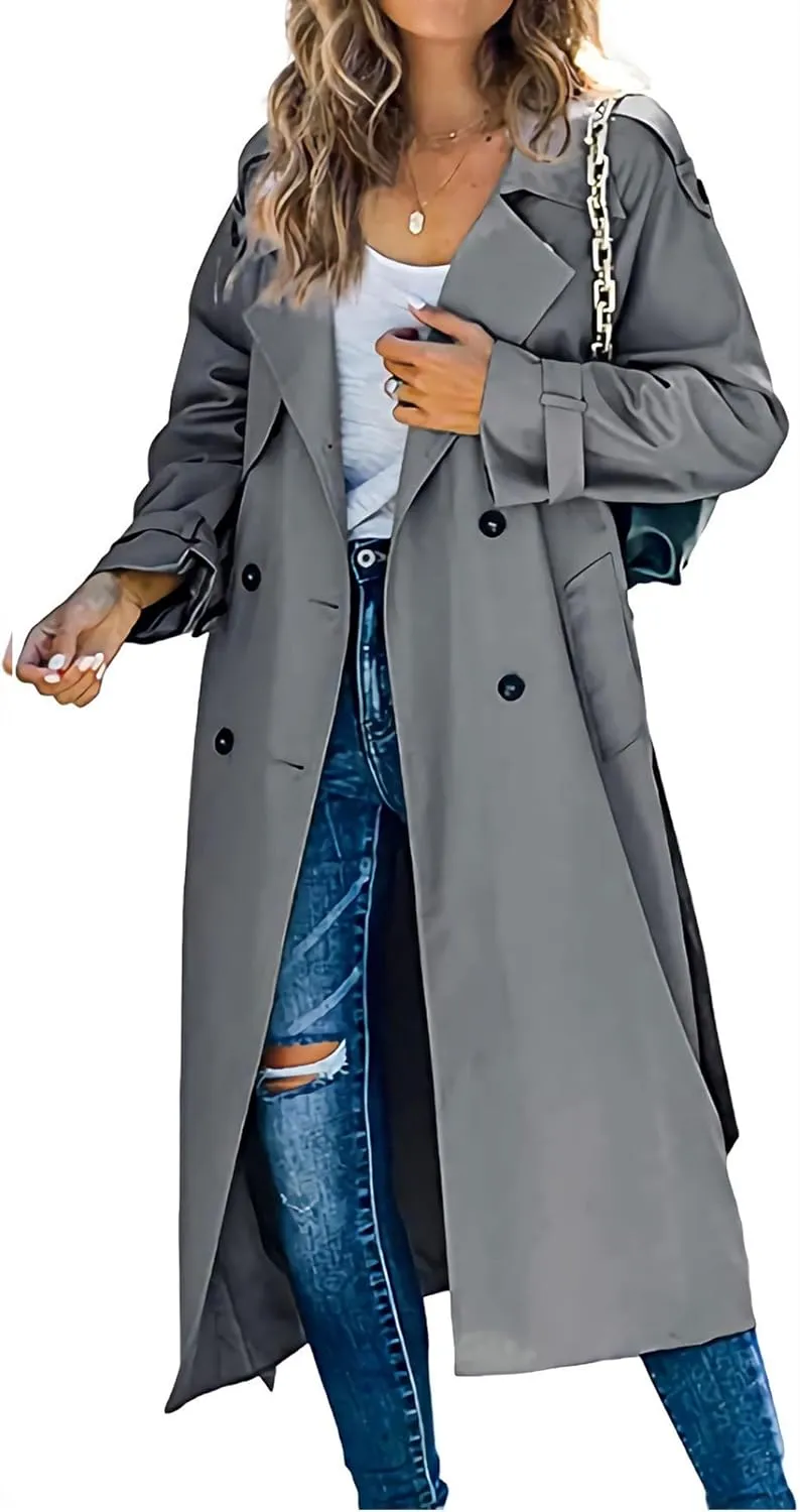 Women's Windproof Trench Coat Notched Lapel Double Breasted Long Overcoat Casual Fall Winter Windbreaker Outerwear