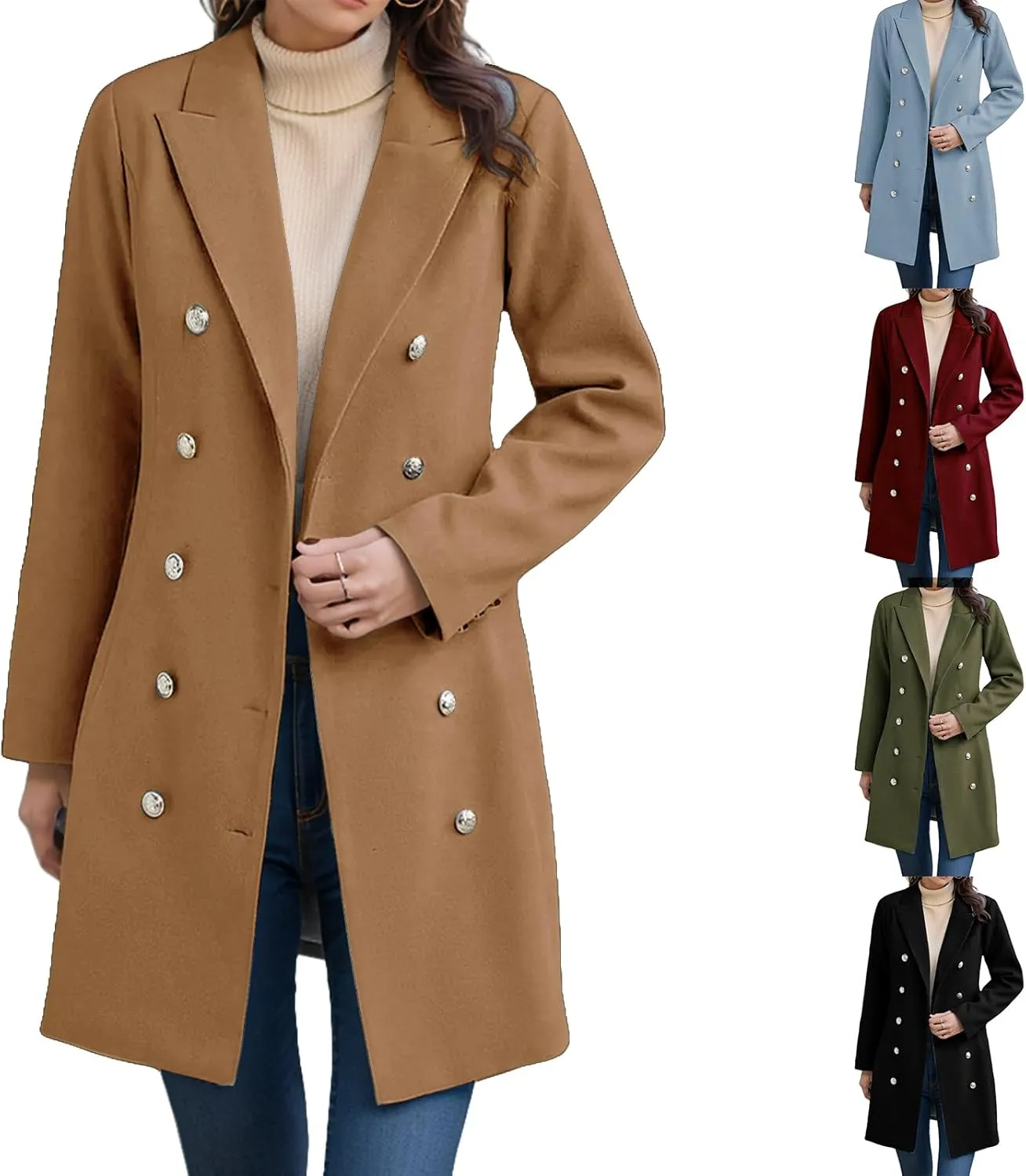 Womens Winter Jacket Coats Notched Lapel Collar Double-Breasted Wool Blend Pea Coat Fashion Comfy Warm Trench Coat