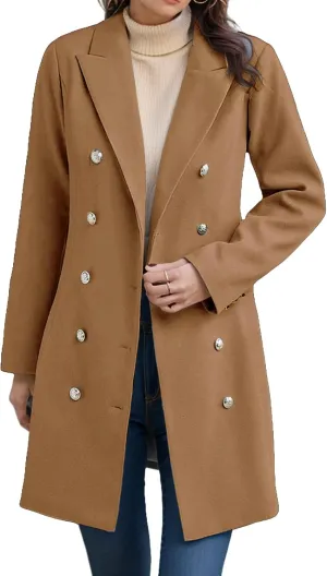 Womens Winter Jacket Coats Notched Lapel Collar Double-Breasted Wool Blend Pea Coat Fashion Comfy Warm Trench Coat