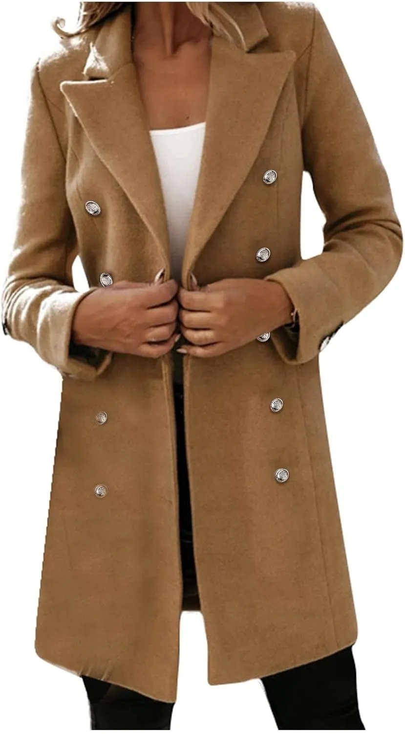Womens Winter Jacket Coats Notched Lapel Collar Double-Breasted Wool Blend Pea Coat Fashion Comfy Warm Trench Coat