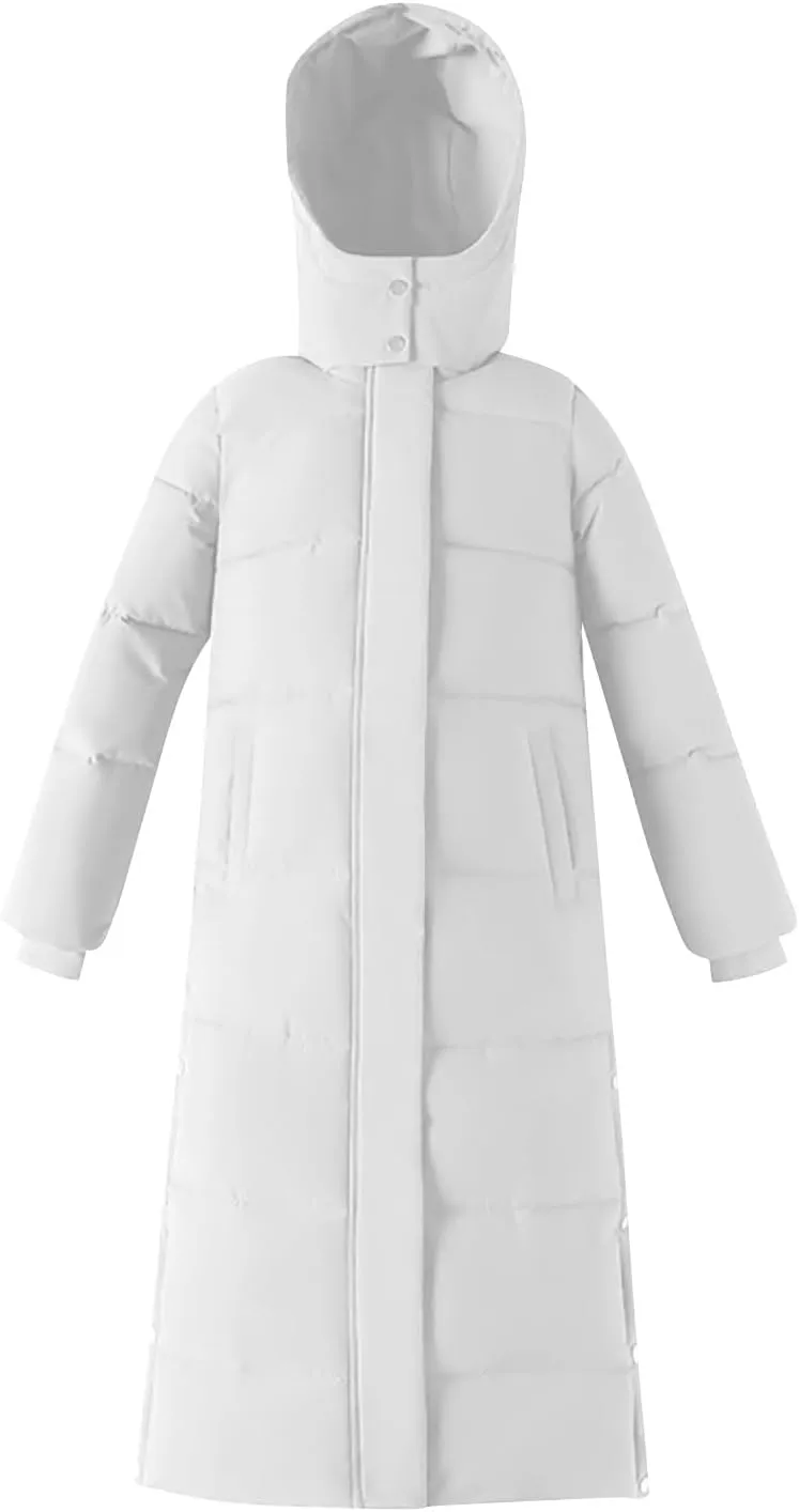 Womens Winter Long Puffer Coats Down Thicken Warm Quilted Jacket Mid-Length with Zipper and Hood Thermal Outerwear