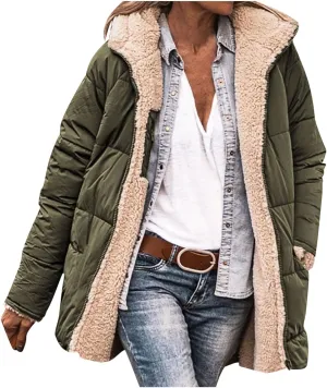 Women's Winter Thicken Coats Sherpa Fleece Lined Jacket Zip Up Insulated Casual Solid Cropped Puffer Jacket