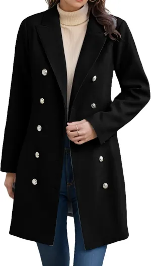 Women's Winter Wool Coat Elegant Notched Collar Double Breasted Wool Blend Over Coat Jacket Mid Long Pea Trench Coat