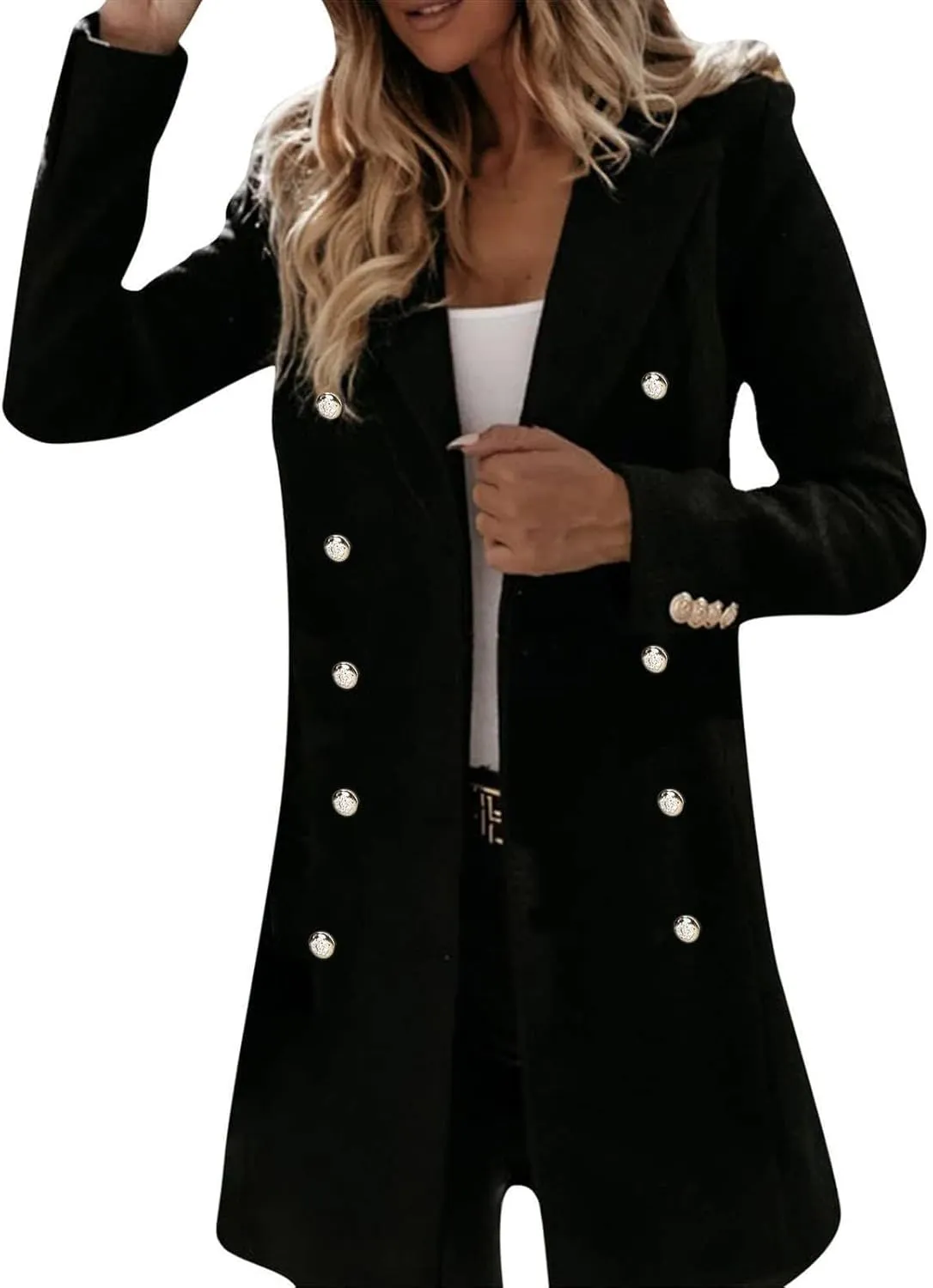 Women's Winter Wool Coat Elegant Notched Collar Double Breasted Wool Blend Over Coat Jacket Mid Long Pea Trench Coat