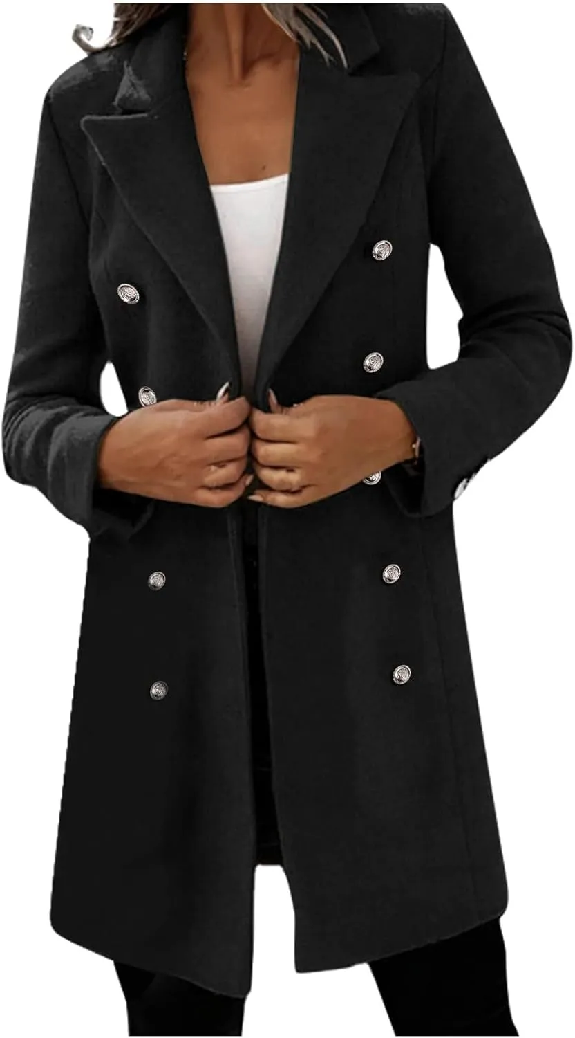 Women's Winter Wool Coat Elegant Notched Collar Double Breasted Wool Blend Over Coat Jacket Mid Long Pea Trench Coat