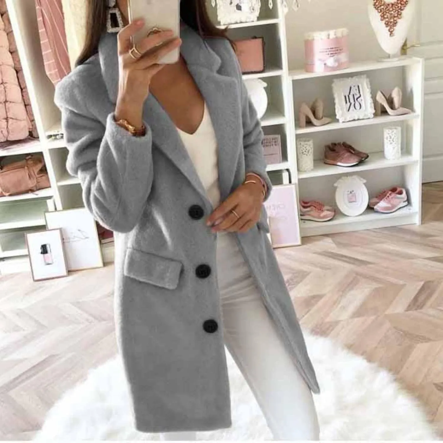 Women's Winter Wool Coat Jackets Elegant Notched Collar Double Breasted Over Coat Midi Peacoat Trench Coats Outwear