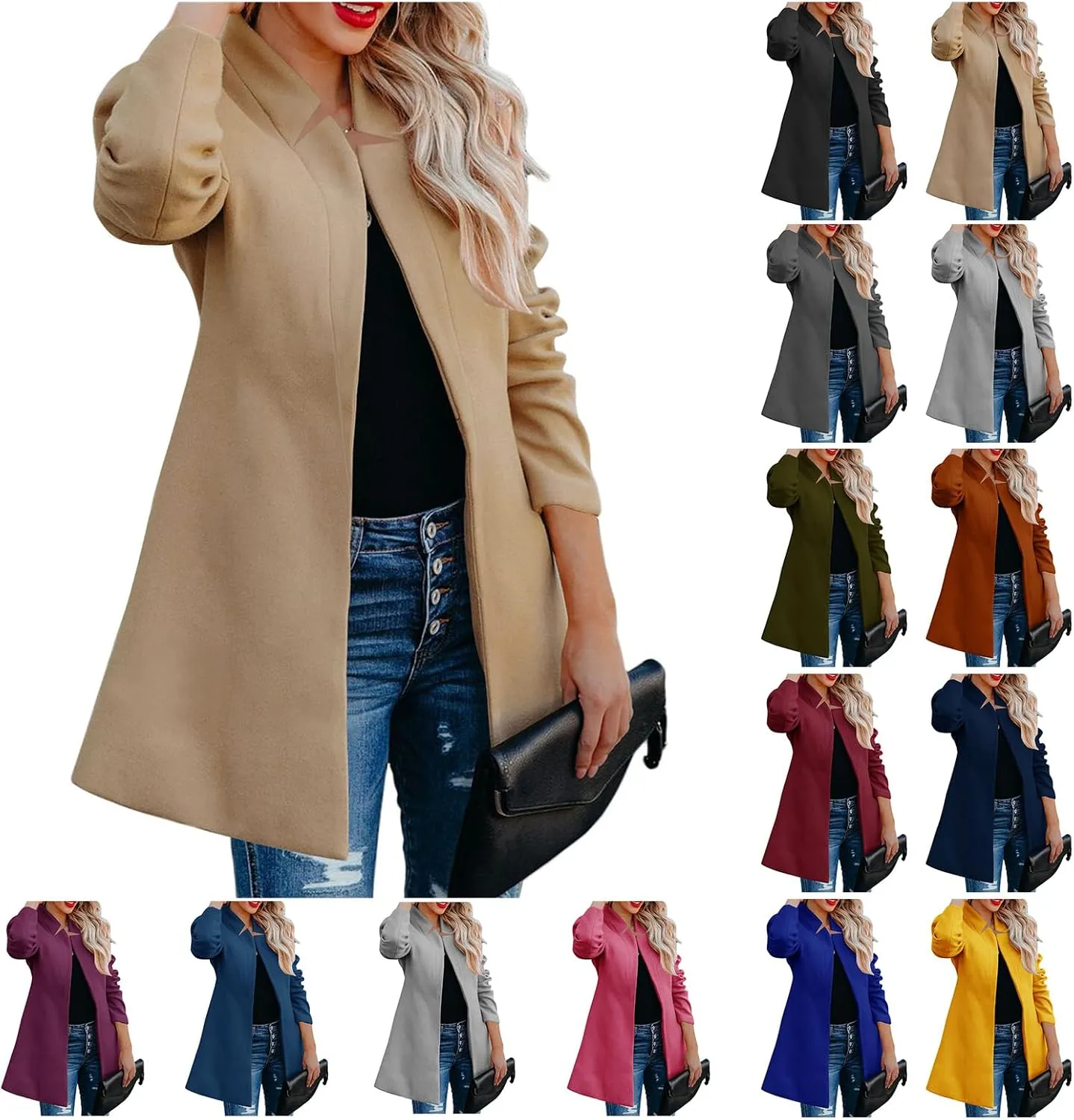Womens Wool Blend Coat Business Casual Lapel Button Down Mid Long Pea Coat Winter Open Front Cardigans Outwear