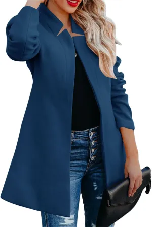 Womens Wool Blend Coat Business Casual Lapel Button Down Mid Long Pea Coat Winter Open Front Cardigans Outwear