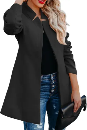 Womens Wool Blend Coat Business Casual Lapel Button Down Mid Long Pea Coat Winter Open Front Cardigans Outwear