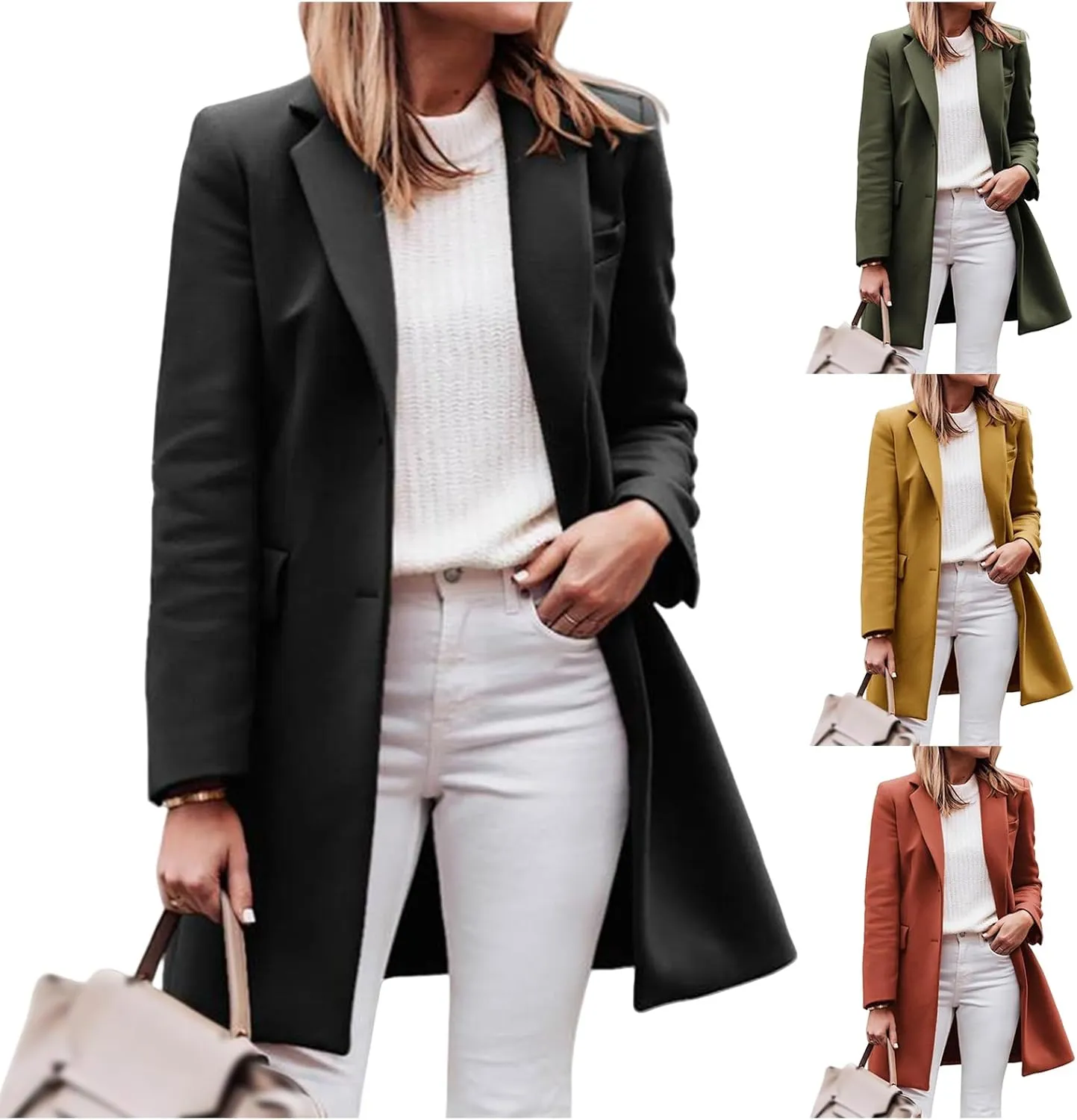 Womens Wool Blend Jacket Notched Shawl Collar Single Breasted Pea Coat Fashion Mid Long Overcoat