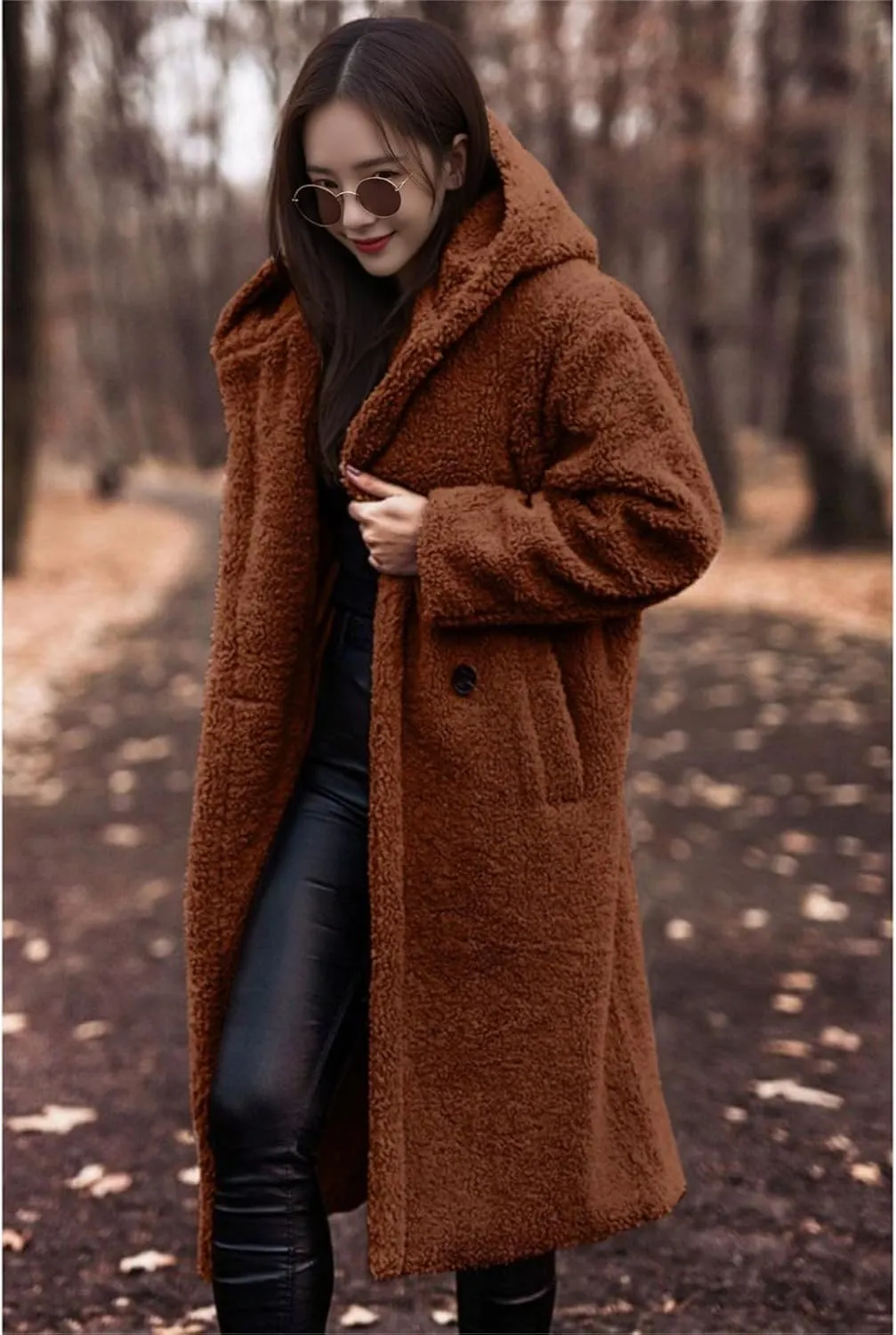 Womens Wool Blend Pea Coat Fuzzy Fleece Sherpa Long Hooded Jacket Warm Button Down Faux Fur Overcoat Outerwear