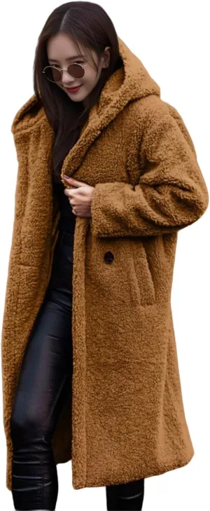 Womens Wool Blend Pea Coat Fuzzy Fleece Sherpa Long Hooded Jacket Warm Button Down Faux Fur Overcoat Outerwear