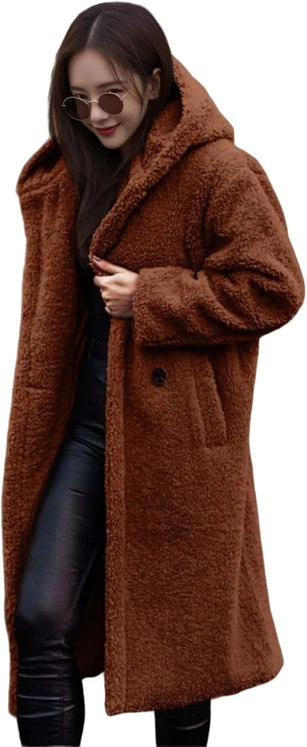 Womens Wool Blend Pea Coat Fuzzy Fleece Sherpa Long Hooded Jacket Warm Button Down Faux Fur Overcoat Outerwear