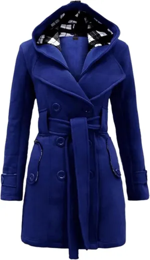 Women's Wool Blend Plaid Casual Pea Coat Double Breasted Warm Mid Long Pea Coat Winter Slim Pea Coat