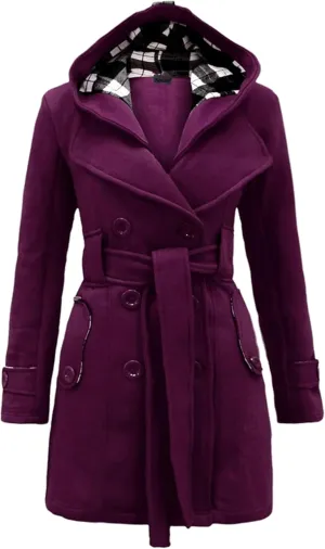 Women's Wool Blend Plaid Casual Pea Coat Double Breasted Warm Mid Long Pea Coat Winter Slim Pea Coat