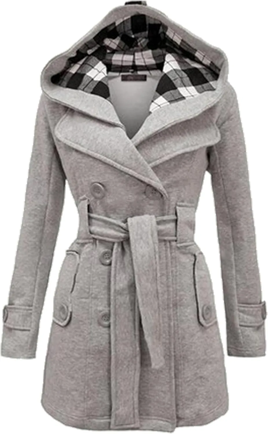 Women's Wool Blend Plaid Casual Pea Coat Double Breasted Warm Mid Long Pea Coat Winter Slim Pea Coat