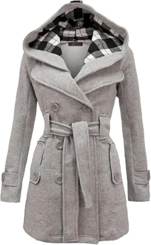 Women's Wool Blend Plaid Casual Pea Coat Double Breasted Warm Mid Long Pea Coat Winter Slim Pea Coat