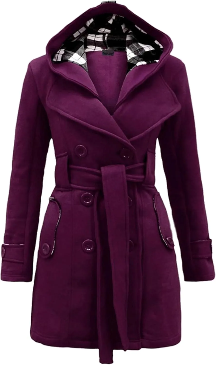 Women's Wool Blend Plaid Casual Pea Coat Double Breasted Warm Mid Long Pea Coat Winter Slim Pea Coat